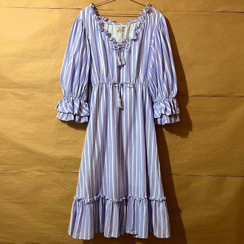 Tuckernuck | Mille Linnea Dress Periwinkle Stripe Tie Neck Ruffle Midi Size L